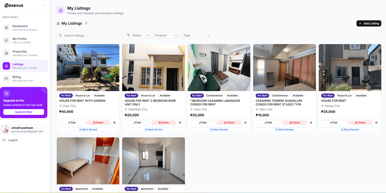 Listings dashboard